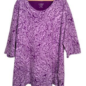 Catherines Easy Fit Tees Shirt Plus Size 4X Purple Paisley Knit Cotton 3/4 Slv